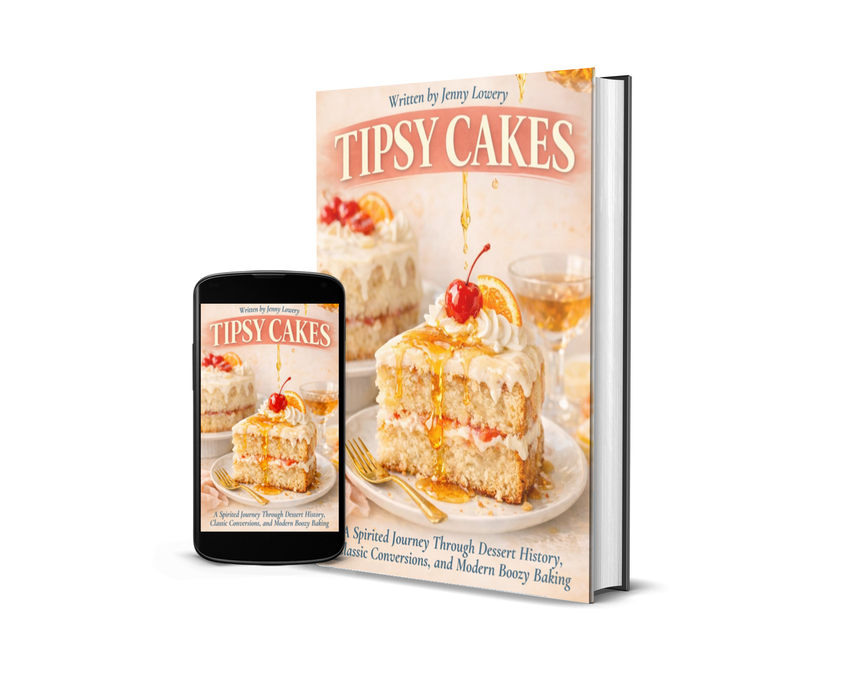 A digital image showing a hardcover book titled "Tipsy Cakes" by Jenny Lowery, with a cover photo of a slice of cake topped with whipped cream, a cherry, and orange slices, and a whole cake in the background, along with a smartphone displaying the same cover.