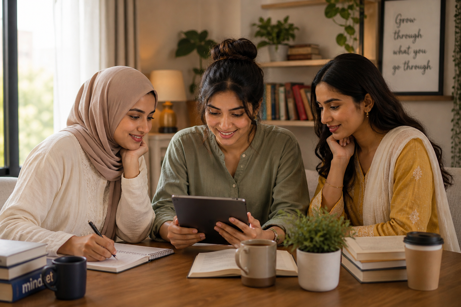 group of women reading and discussing ebook together in cozy setting