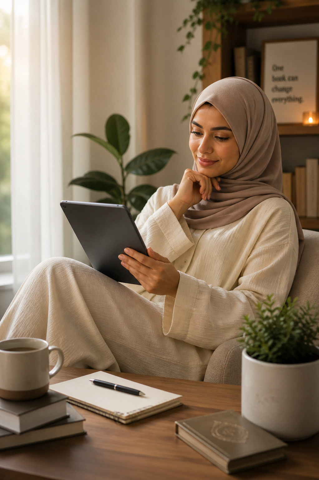 arab woman reading ebook on tablet in calm indoor environment