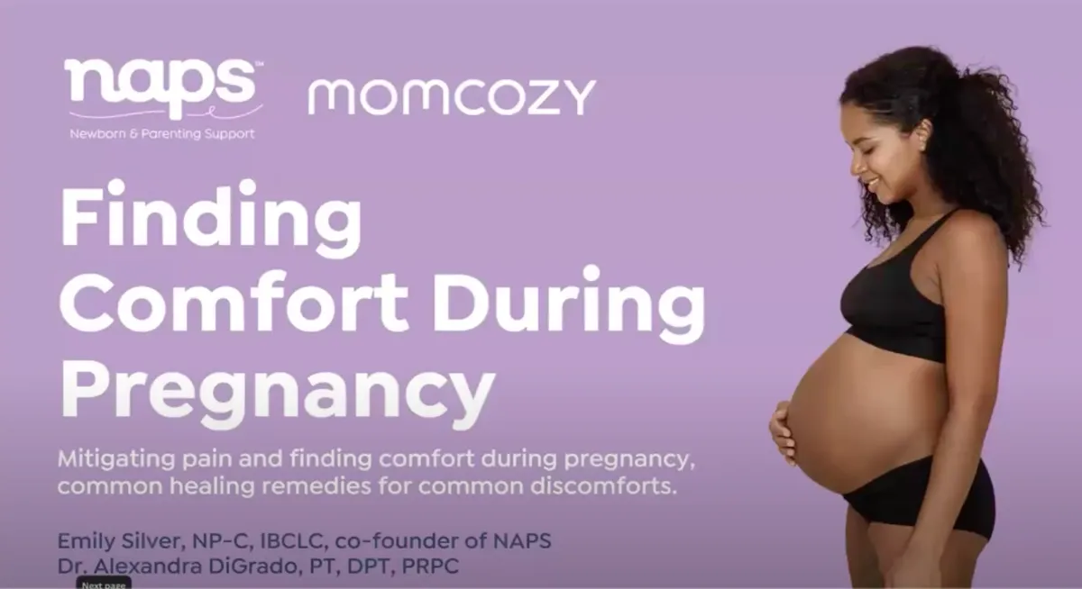 Pregnant woman in black outfit on purple background, text: "Finding Comfort During Pregnancy", partnered with naps and momcozy.