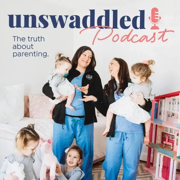 Two women in blue uniforms holding and interacting with young children in a children's room. Text on the wall reads 'unswaddled Podcast: The truth about parenting.'