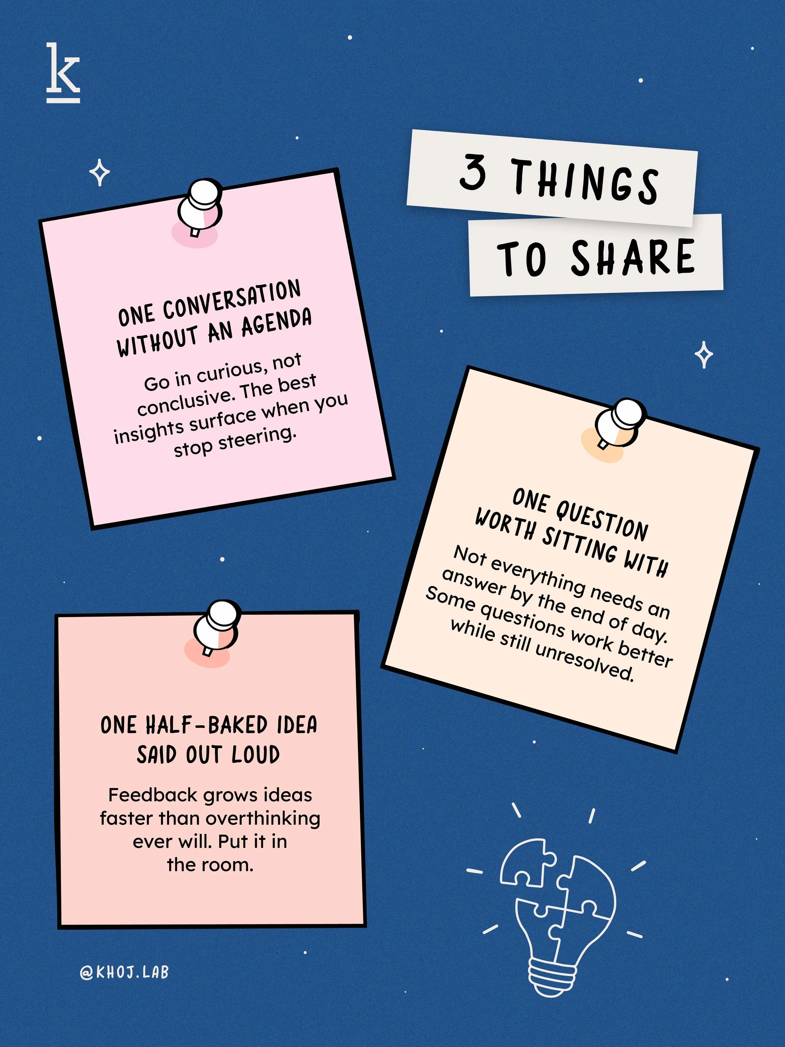 When was the last time you shared something without trying to control the outcome? 💭

Most of us enter conversations trying to explain, solve, defend, or land somewhere. We rush questions toward answers. We keep ideas private until they feel polishe