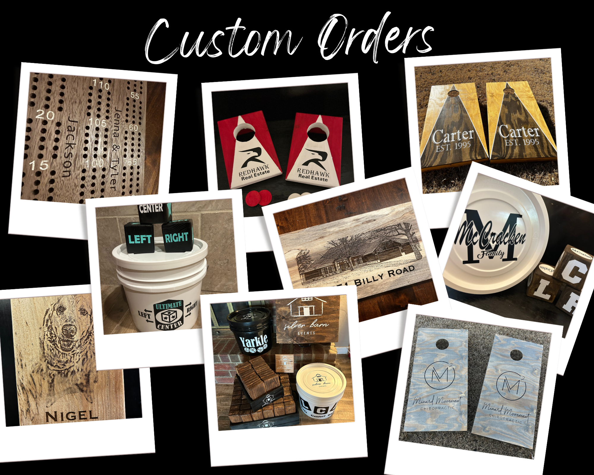 Collection of custom-colored game pieces, coasters, planters, signage, and promotional items for personalized gift and branding, including wood engraved signs, chess pieces, and branded cups.