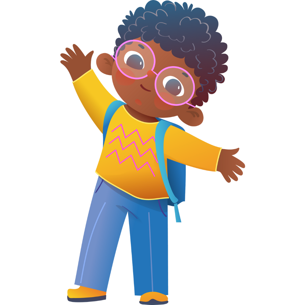 A young boy with dark curly hair, wearing glasses, a yellow shirt with pink zigzag patterns, blue jeans, and yellow sneakers, waving and smiling while standing next to a red box.