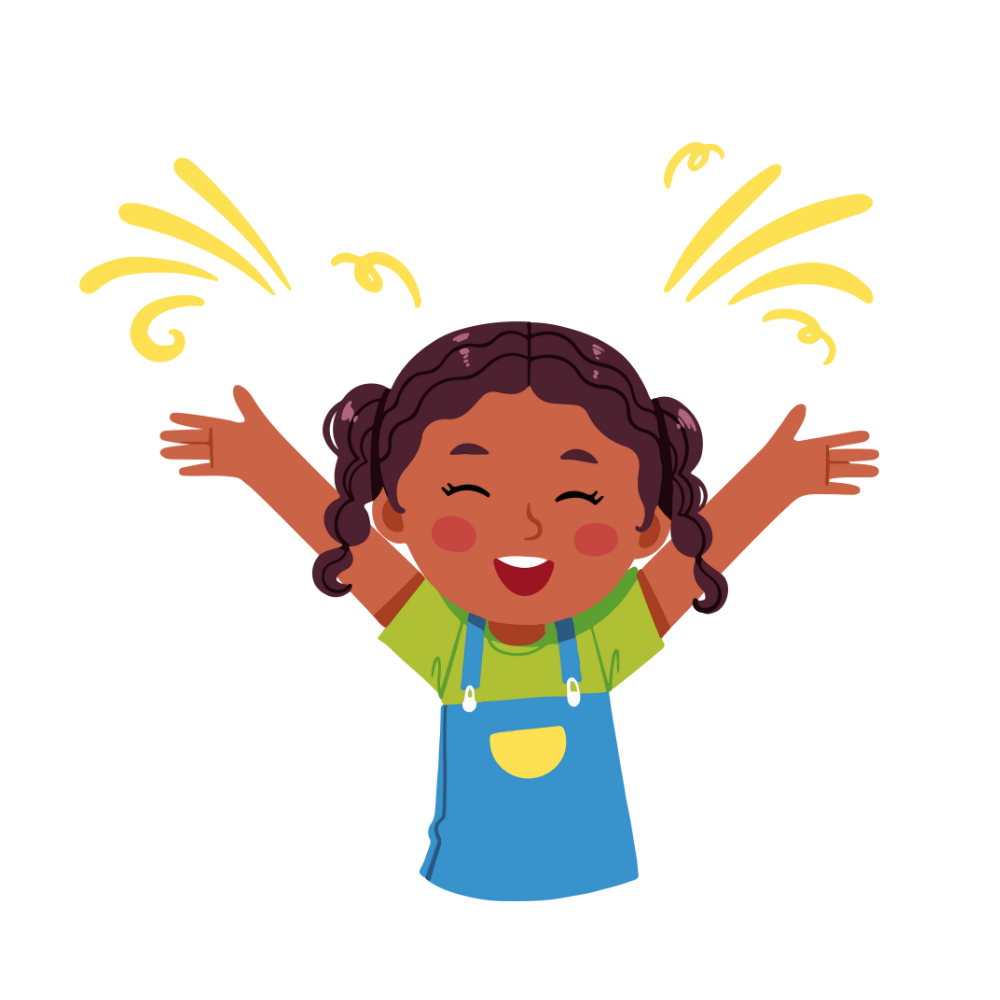 A cartoon girl with curly brown hair, wearing a green shirt and a blue apron, smiling with arms raised in joy.