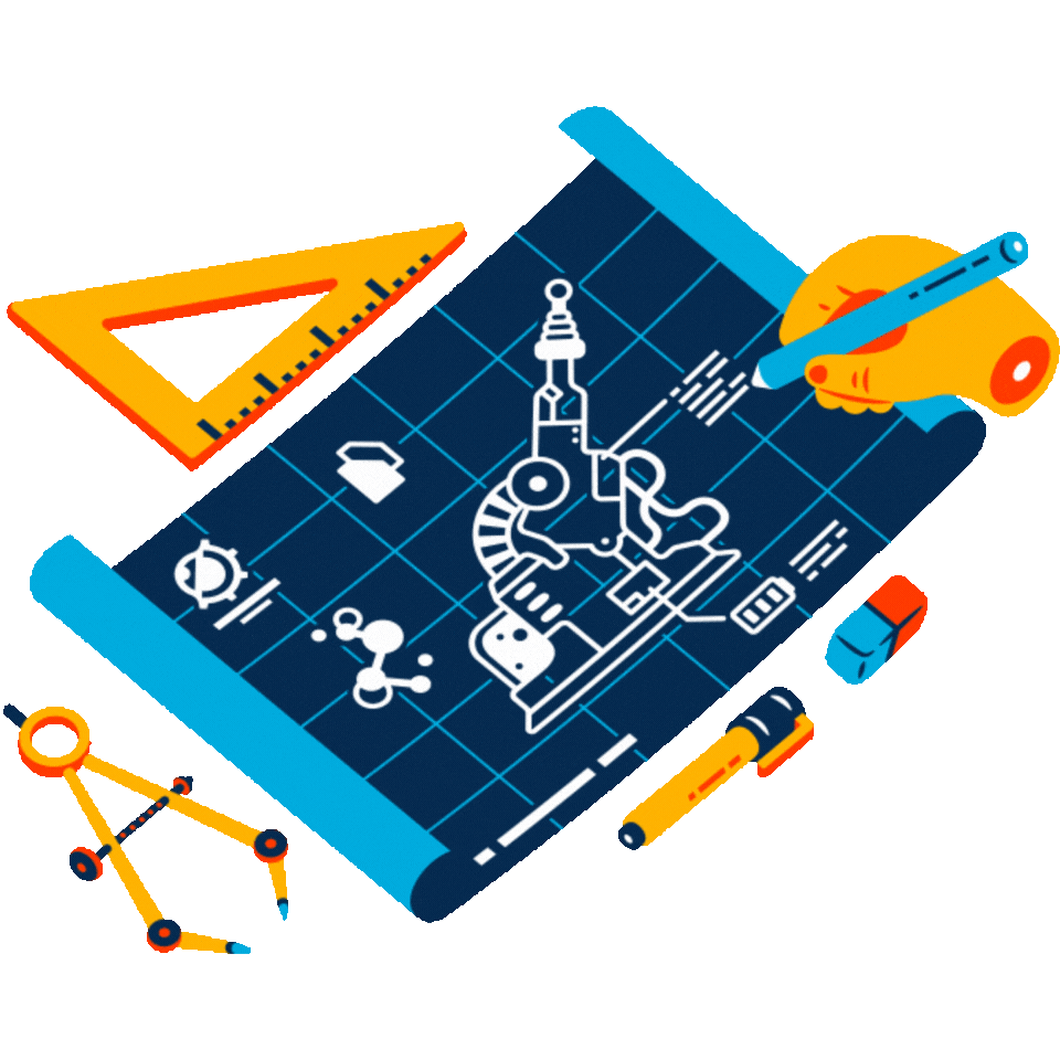 Blueprint of a technological invention with drafting tools including a ruler, a pencil, an eraser, a compass, and a marker, set against a pink background.