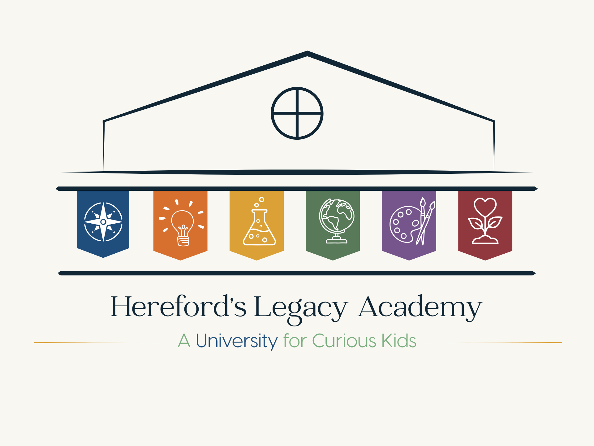 Logo for Hereford's Legacy Academy, featuring a house outline and colorful icons representing different fields, with the caption "A University for Curious Kids".