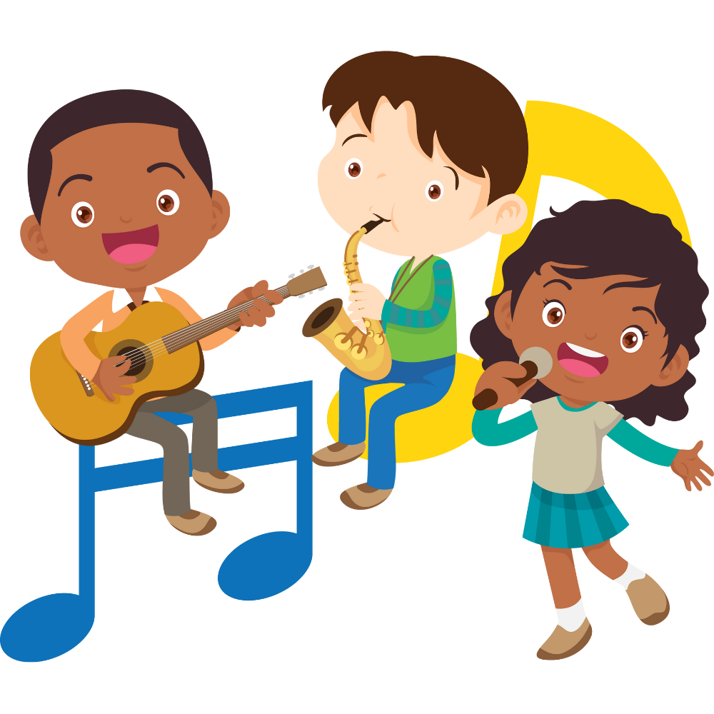 Three children singing and playing musical instruments, with music notes in the foreground.