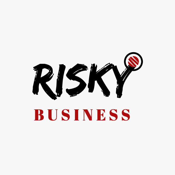 "Risky Business" logo with stylized bold lettering and a circular accent on the "Y".