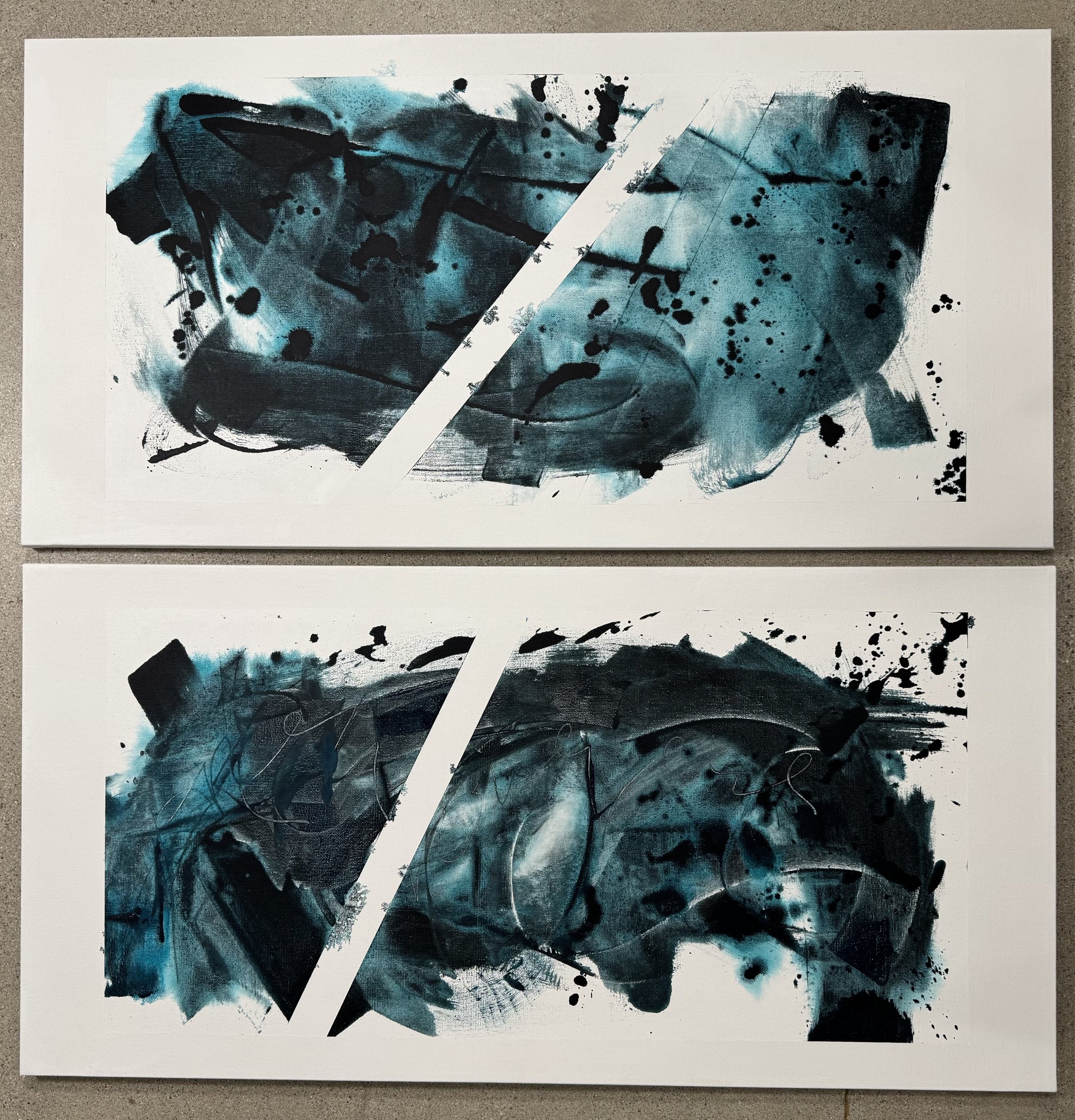 Poseidon ~ 2025 Diptych, Gestural Abstract Painting in deep teal and black.