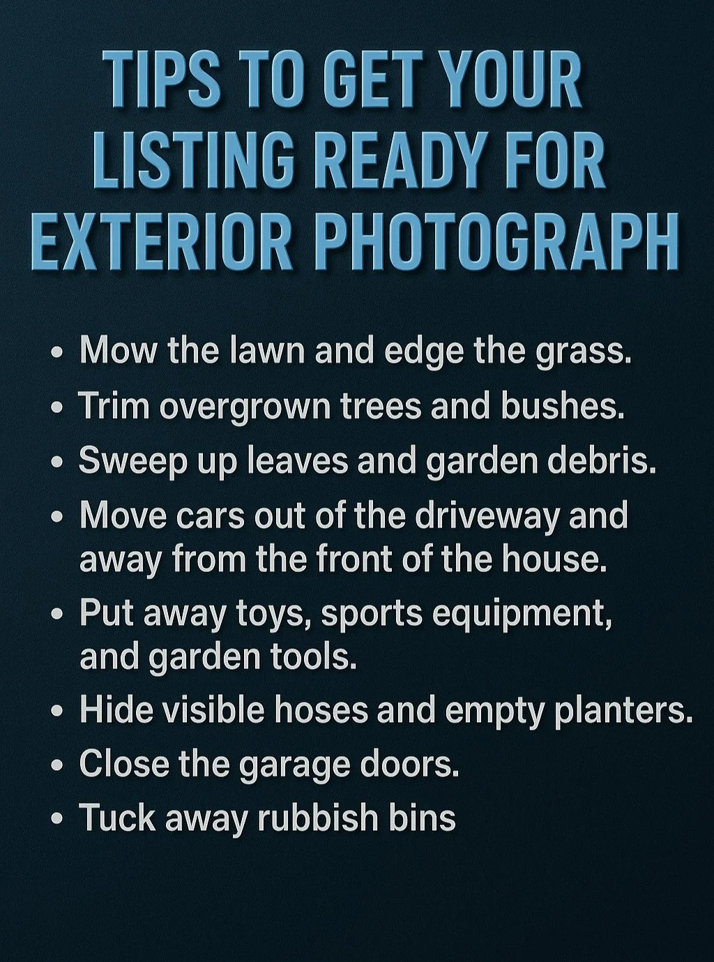 First impressions matter! Follow these simple tips to make your listing shine before exterior photography. A little effort goes a long way in attracting more buyers.

#botellophotography #realestate #realtors #austin #photography