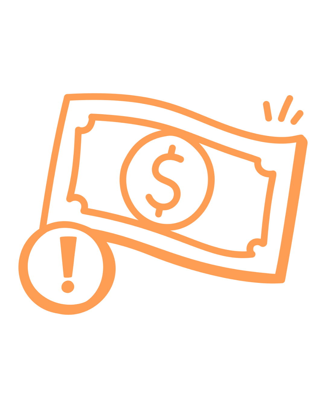 Outline drawing of a dollar bill and a coin with a dollar sign, both in orange.