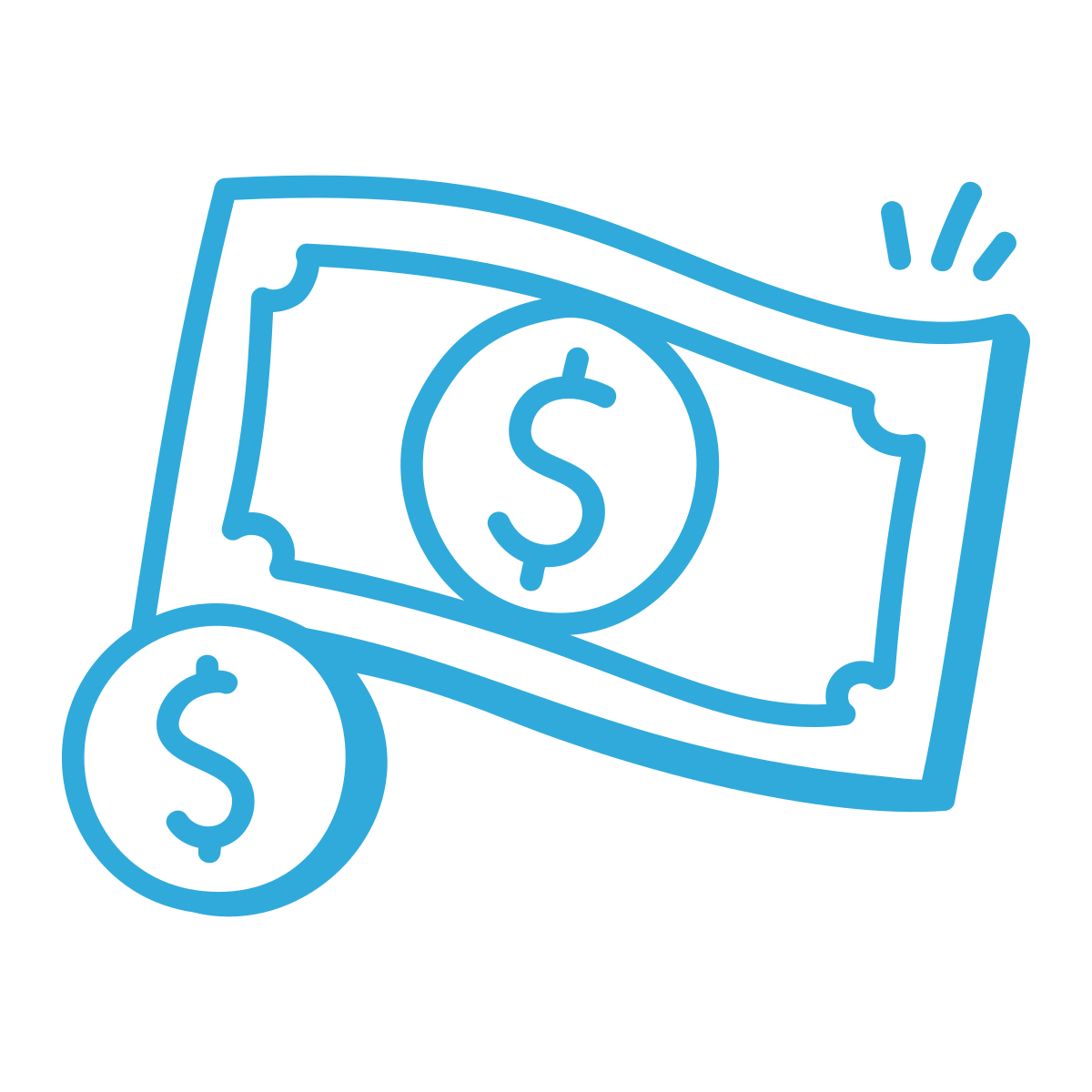 Blue line drawing of a dollar bill with a large dollar sign in the center, and a coin with a dollar sign in the foreground, indicating money.