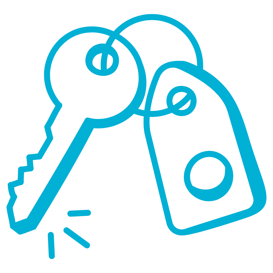 Outline drawing of a keychain with a single key and a key fob, depicted in blue.