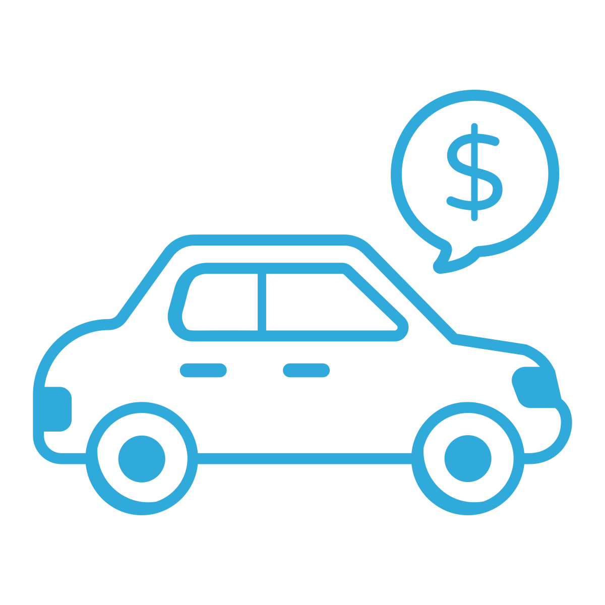 Line drawing of a car with a speech bubble containing a dollar sign above it, representing car-related costs or expenses.