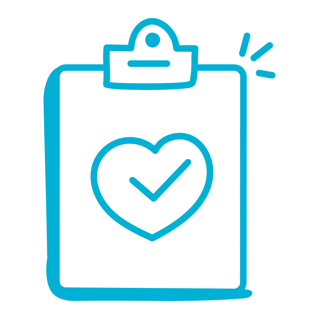 Line art illustration of a clipboard with a heart and check mark inside it, suggesting health or approval.