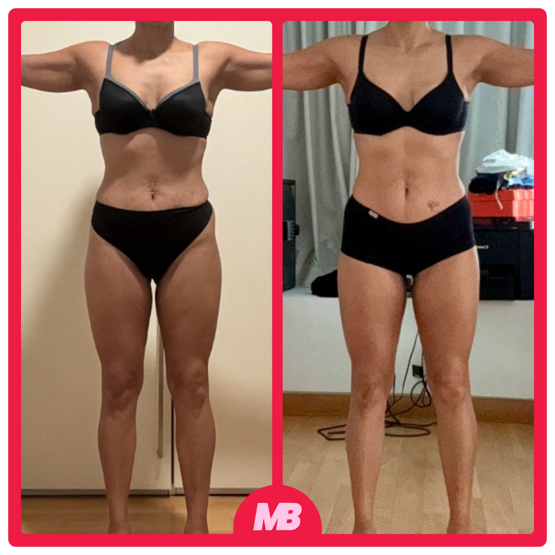 Side-by-side comparison of a woman's body before and after fitness transformation, wearing a black bra and black shorts, with arms extended outward in both images.