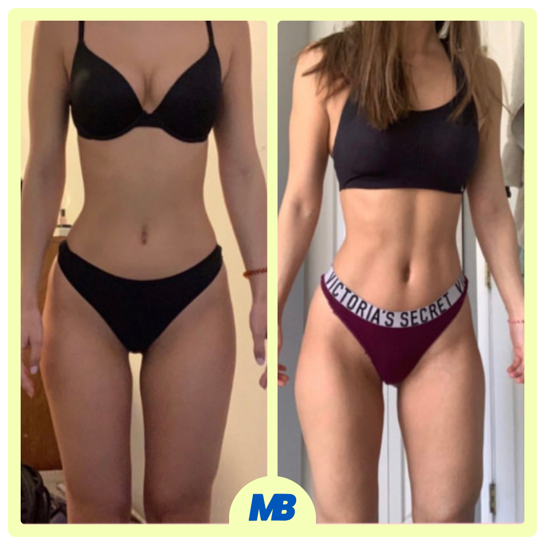 Comparison photo showing a woman's fitness transformation, with a body before on the left and after on the right, wearing black workout clothes.