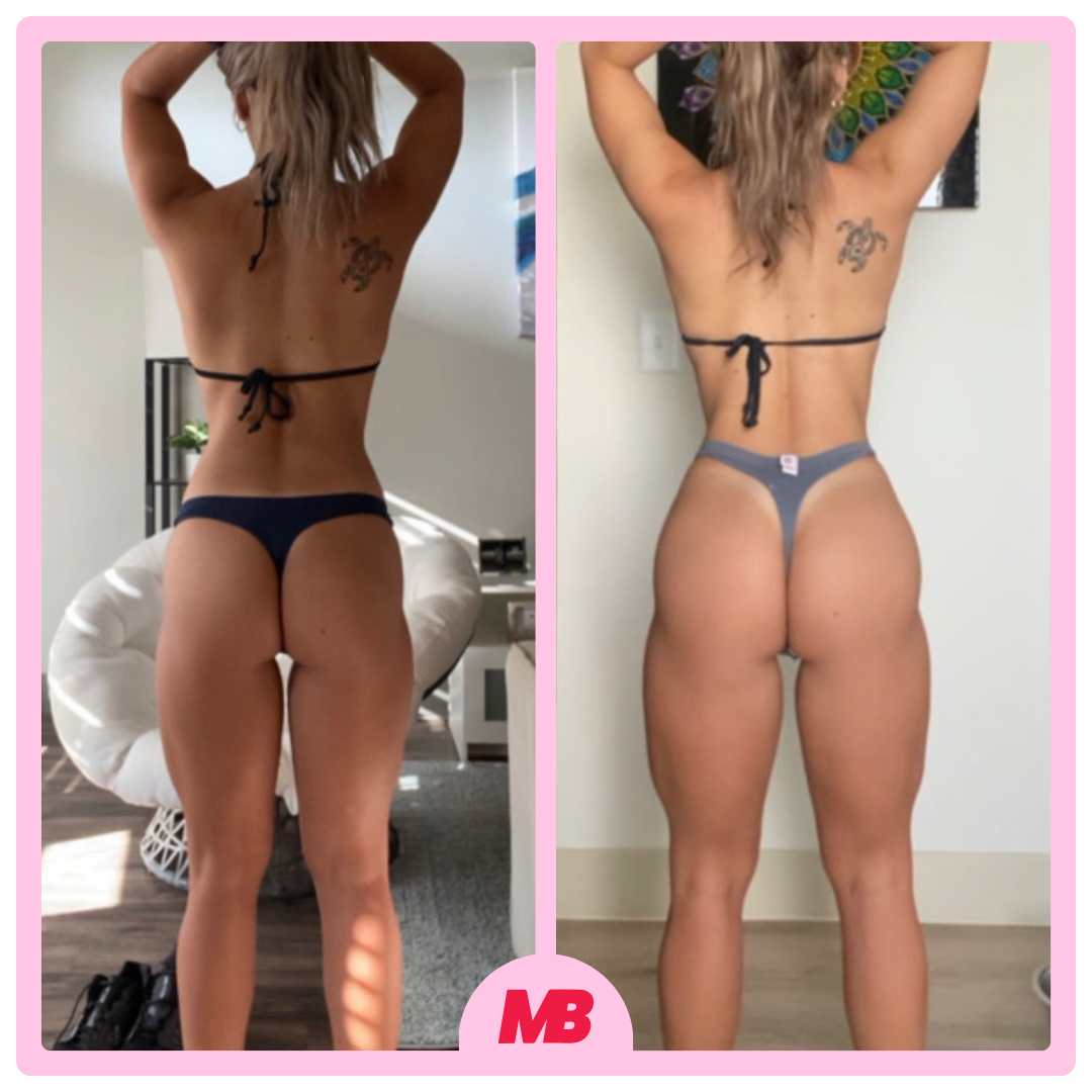 Side-by-side comparison of a woman standing indoors with her back to the camera, one with black bikini bottom on the left and gray bikini bottom on the right, showing differences in muscle tone and body shape.