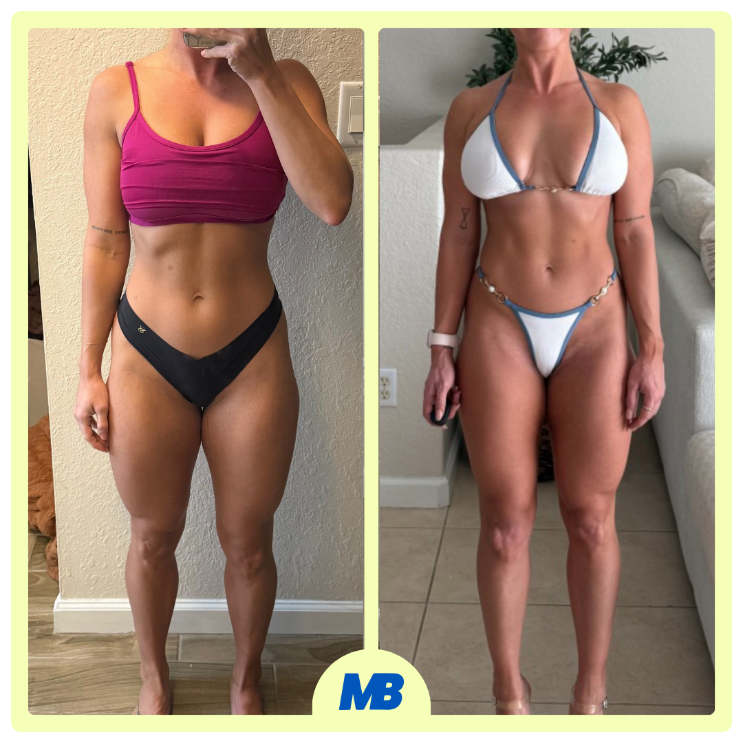 Side-by-side comparison of a woman's physique before and after fitness journey, with the left photo showing a woman in a pink sports bra and black underwear, and the right photo showing her in a white bikini with blue accents.