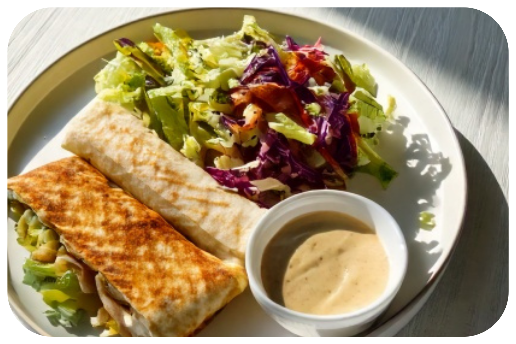 A plate of two rolled, grilled wraps, a fresh mixed green salad, and a small cup of creamy dressing, served on a white plate.