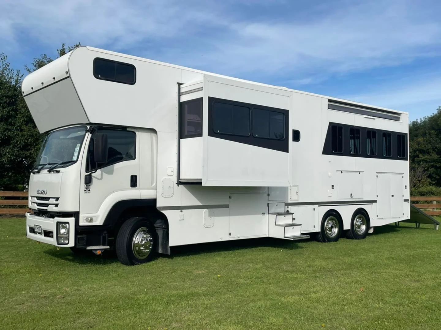 White RV parked on green grass with trees and blue sky in the background.
