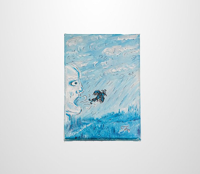 Abstract painting with a human-like face blowing wind towards a figure in the sky, surrounded by clouds in a blue color scheme.
