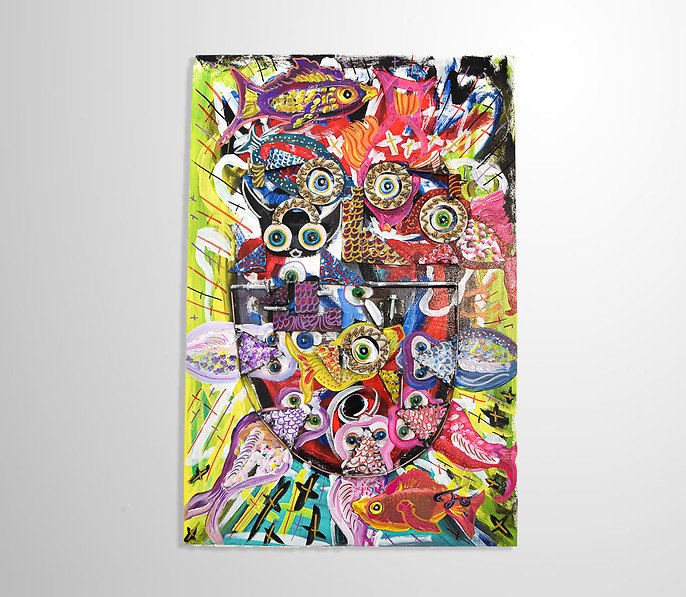 Abstract painting with colorful, overlapping fish and eye patterns on a vibrant background.