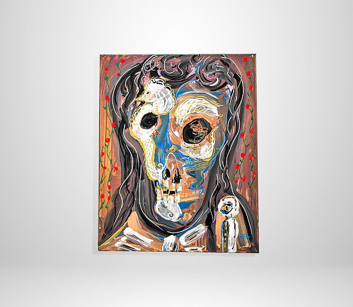 Abstract painting of a face with skeletal features, vibrant colors, and red accents