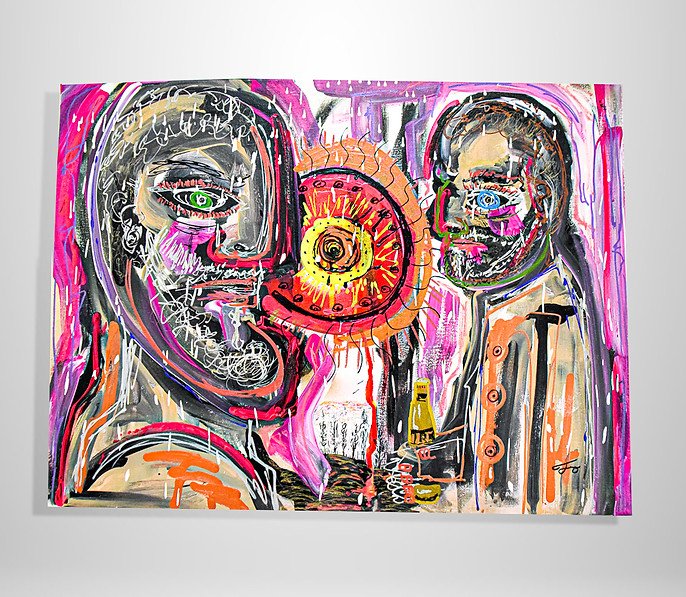Abstract expressionist painting with vivid colors depicting two human-like figures with intricate facial details and a large central circular motif, surrounded by splashes of pink, orange, and black.