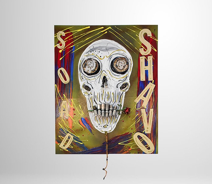 Artwork featuring a white skull with large eyes, surrounded by colorful abstract designs and the words 'SOAD' and 'SHAVO'. The skull holds a rose in its mouth.