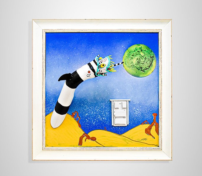 Surreal artwork featuring a whimsical creature with a striped tail reaching towards a green orb, set against a starry sky and yellow landscape. A white door and red tentacle-like forms are present.
