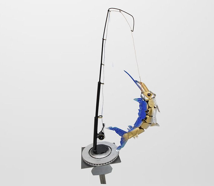 Fishing rod with a robotic blue and gold fish model attached