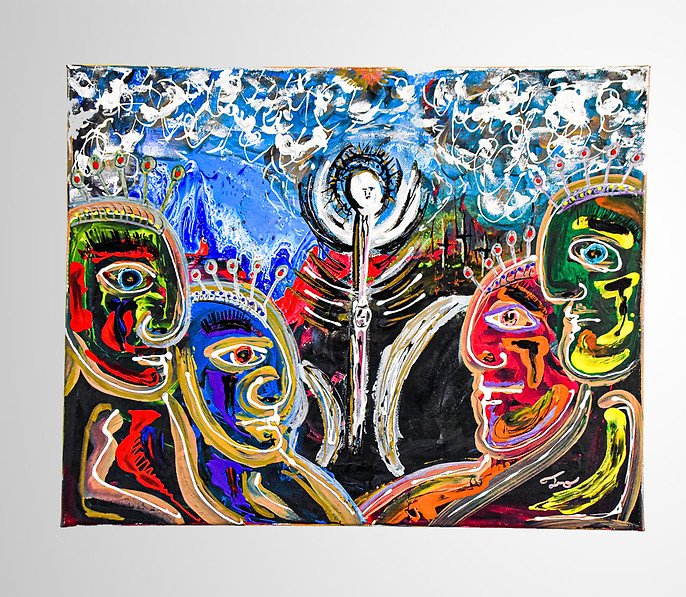 Abstract painting with colorful faces and white swirling patterns.