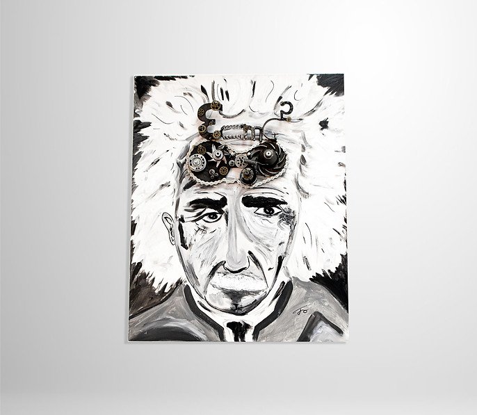 Monochrome painting of a man with wild hair, featuring mechanical gears and parts on his forehead, suggesting a blend of human intelligence and machinery.