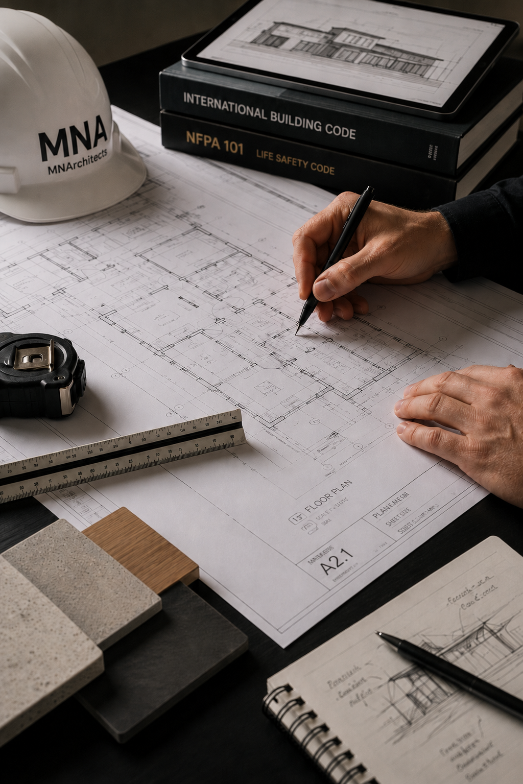 An architect working on a detailed floor plan with architectural tools, materials, and reference books around him.