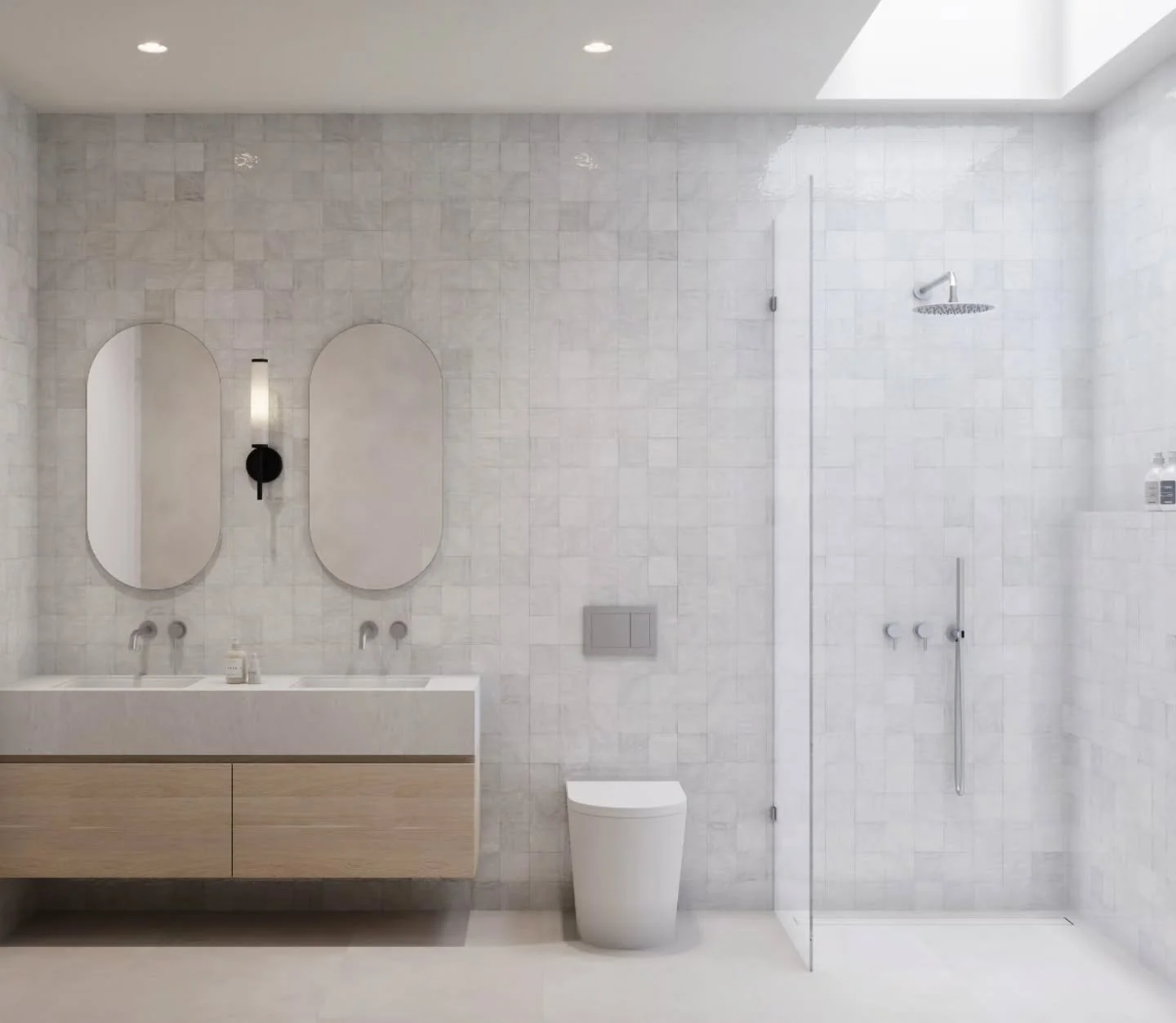 Minimalist calm for our Northshore project

This ensuite is all about serene simplicity with some natural texture. The handmade zelliege tiles are softened with the natural light from the skylight, with the stone vanity adding the luxury feel.

A spa