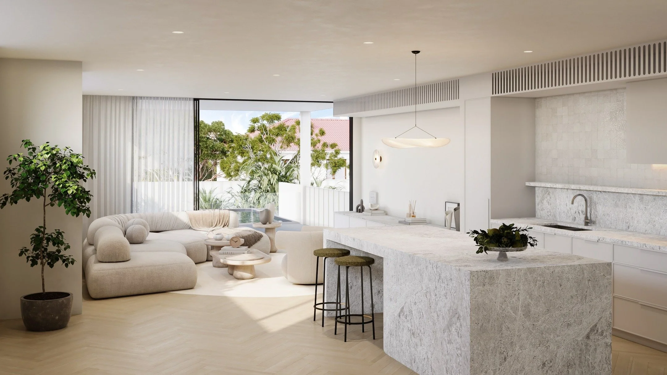 Northshore

Coastal curves

This space is all about statement details &mdash; the sculptural Turco Argento curved island steals the spotlight while herringbone oak floors ground the design in timeless warmth.

The airy living area connects seamlessly
