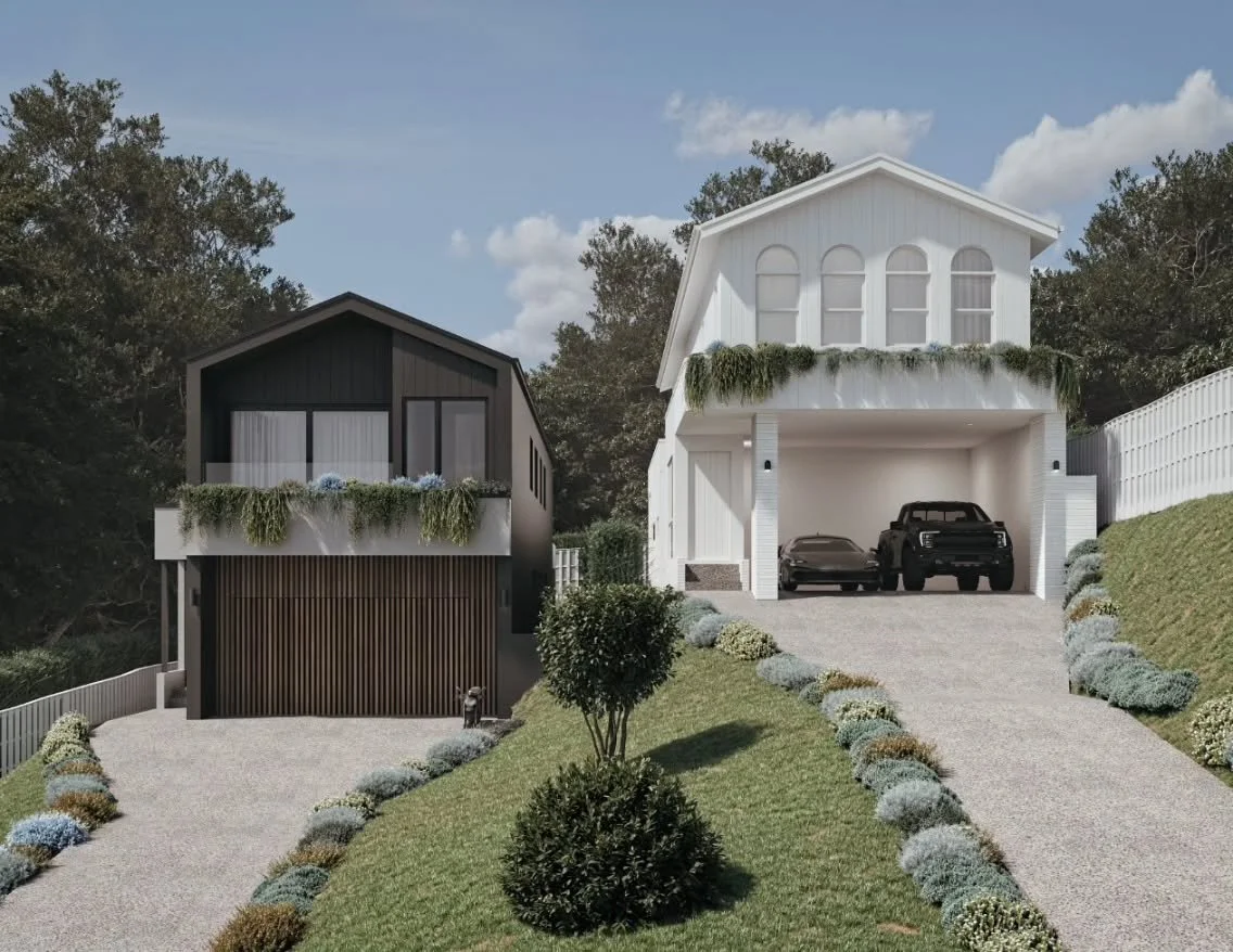Two contrasting homes in Thirroul, each showcasing its own unique aesthetic in this beautiful pocket where the coast meets the escarpment.

A dark, modern built form sits beside a softer white coastal facade, creating individuality. Both homes respon