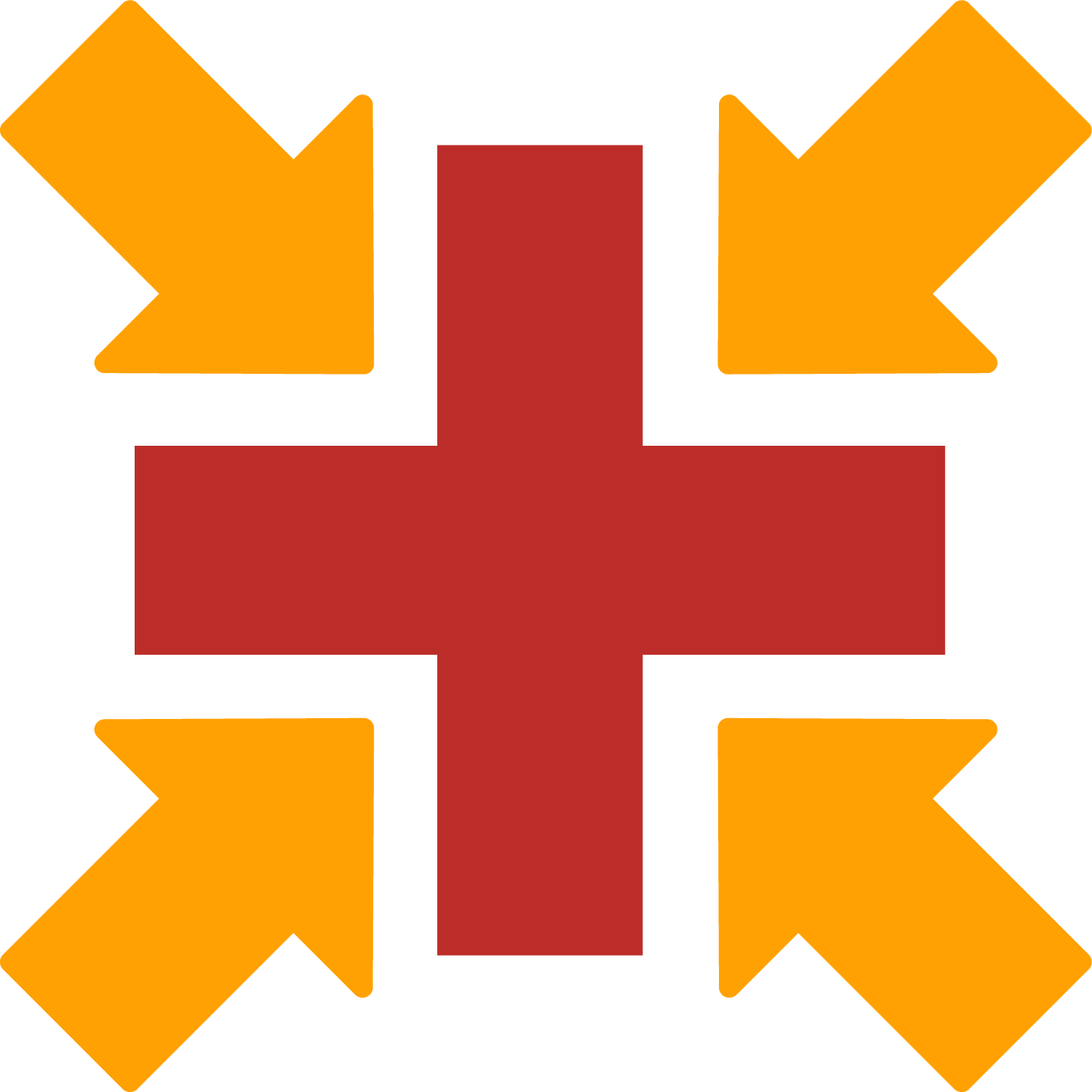 A red cross in the center with four orange arrows pointing inward from each side.