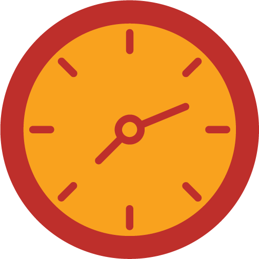Illustration of a round wall clock with a red frame, yellow face, and brown hour and minute hands showing the time as approximately 1:10.