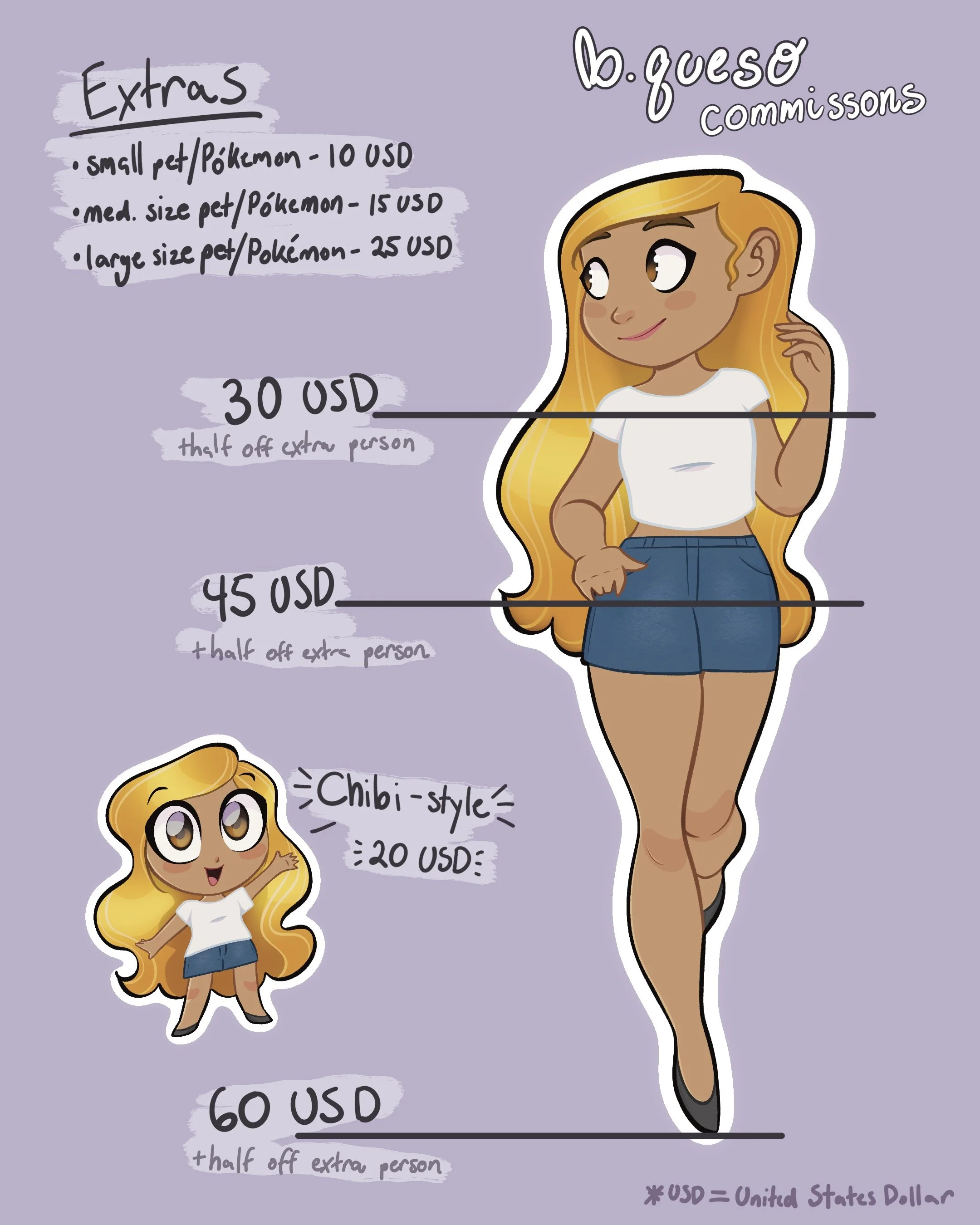 A colorful illustrated menu displaying character costumes and their prices in United States Dollars, with a cartoon girl and a cartoon character representing different costume options.