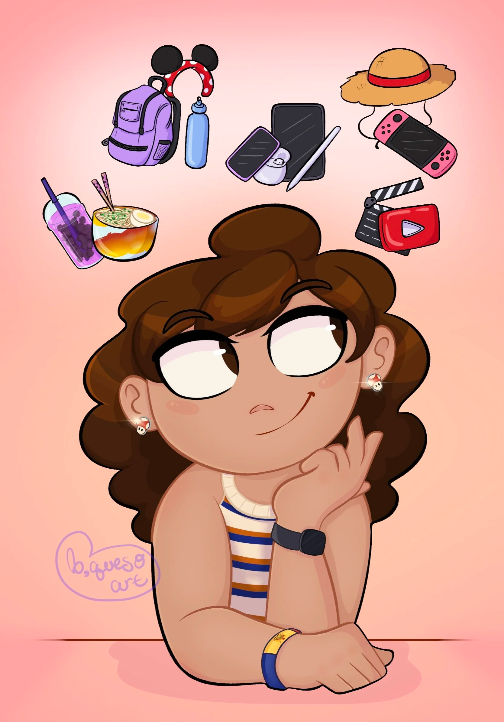 Animated girl with brown hair, wearing a striped tank top, wristbands, and earrings, sitting with her hand on her chin, surrounded by various items including a backpack, water bottle, phone, tablet, camera, snacks, hat, and a YouTube play button, with a pink background.