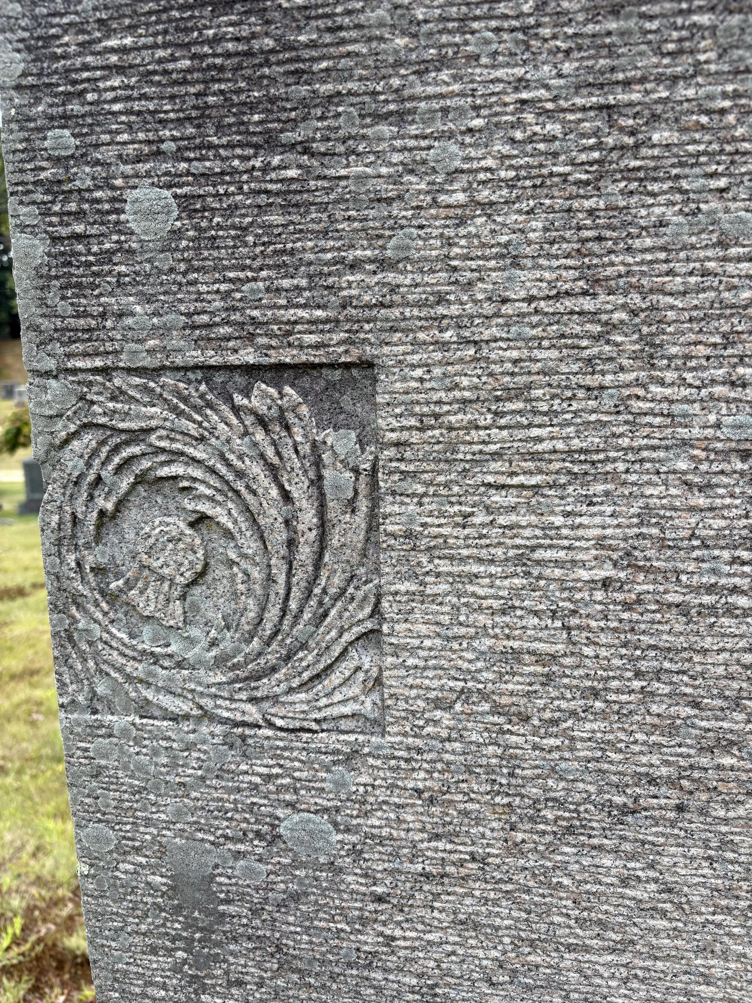Close-up of a weathered, textured stone surface with carved spiral and wave patterns, covered in patches of lichen or moss.