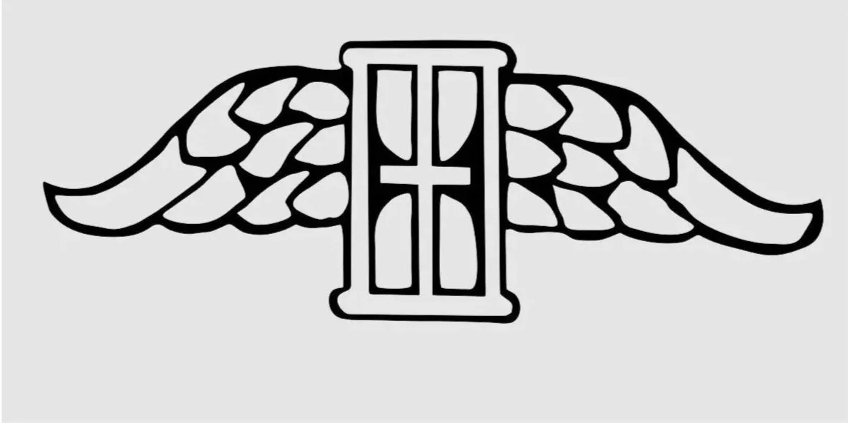 A black and white line drawing of a stained glass window with wings on either side.