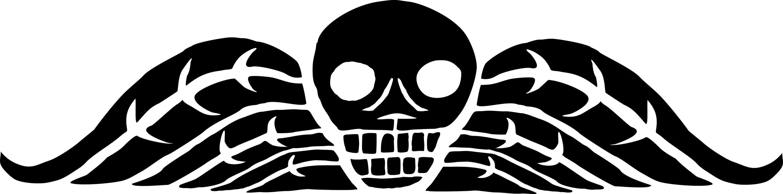 Black and white illustration of a skull with wings and a tribal design.