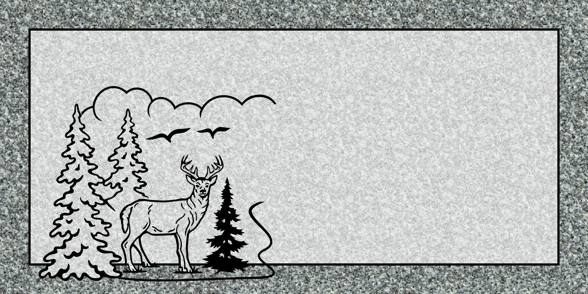 A black and white illustration of trees, a deer, birds, and a mountain scene on a textured gray background.