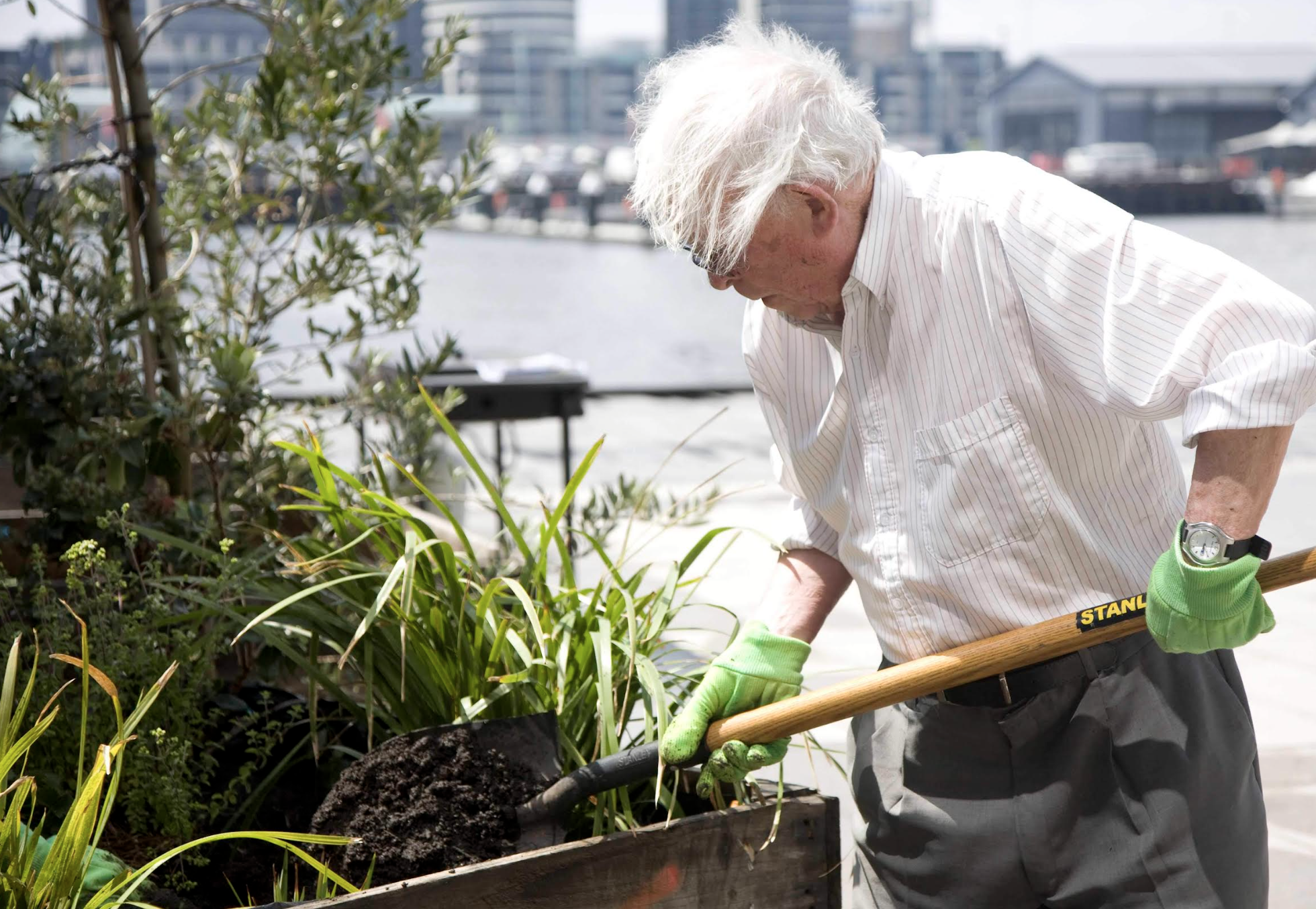Paddy volunteering in the Docklands Garden. Photography by Hilary Bradford Photography.