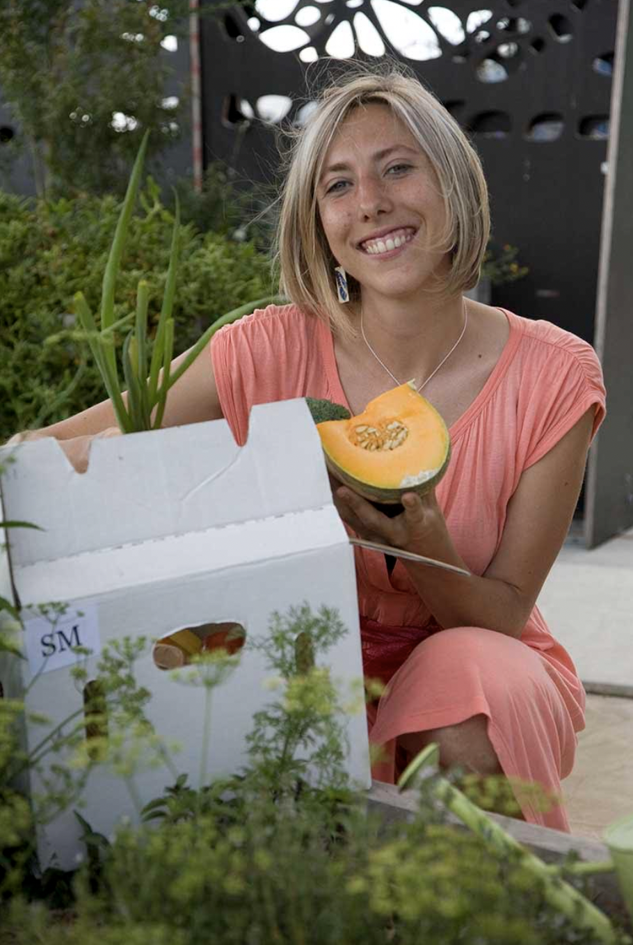 Emily with the CERES Food box in the Garden. Photography by Hilary Bradford.