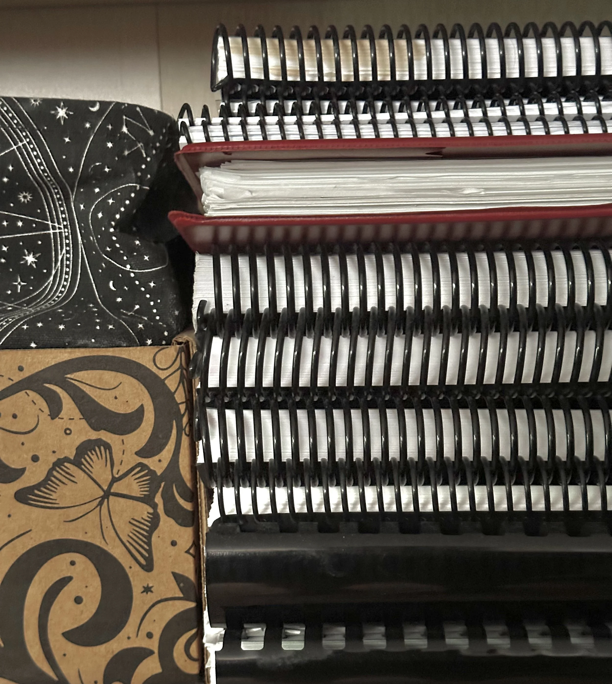 Stack of black wire bound manuscripts, beside a decorative box with a butterfly and floral design, on a shelf.